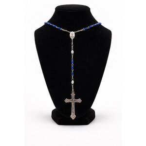 Vintage Italian Rosary Necklace Cobalt Blue White Glass Beads Crucifix Italy
